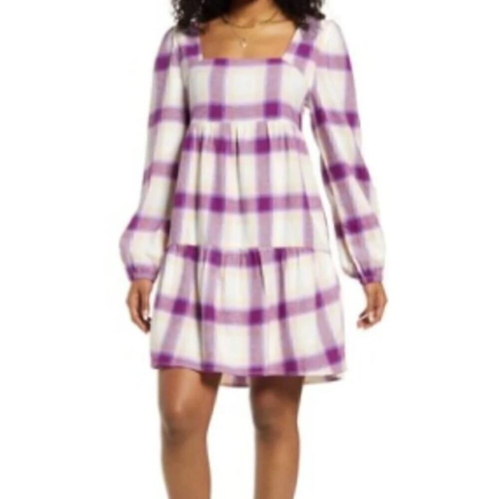 NWT BP by Nordstrom Cream + Purple Plaid Long Sleeve Square Neck Mini Dress - M
